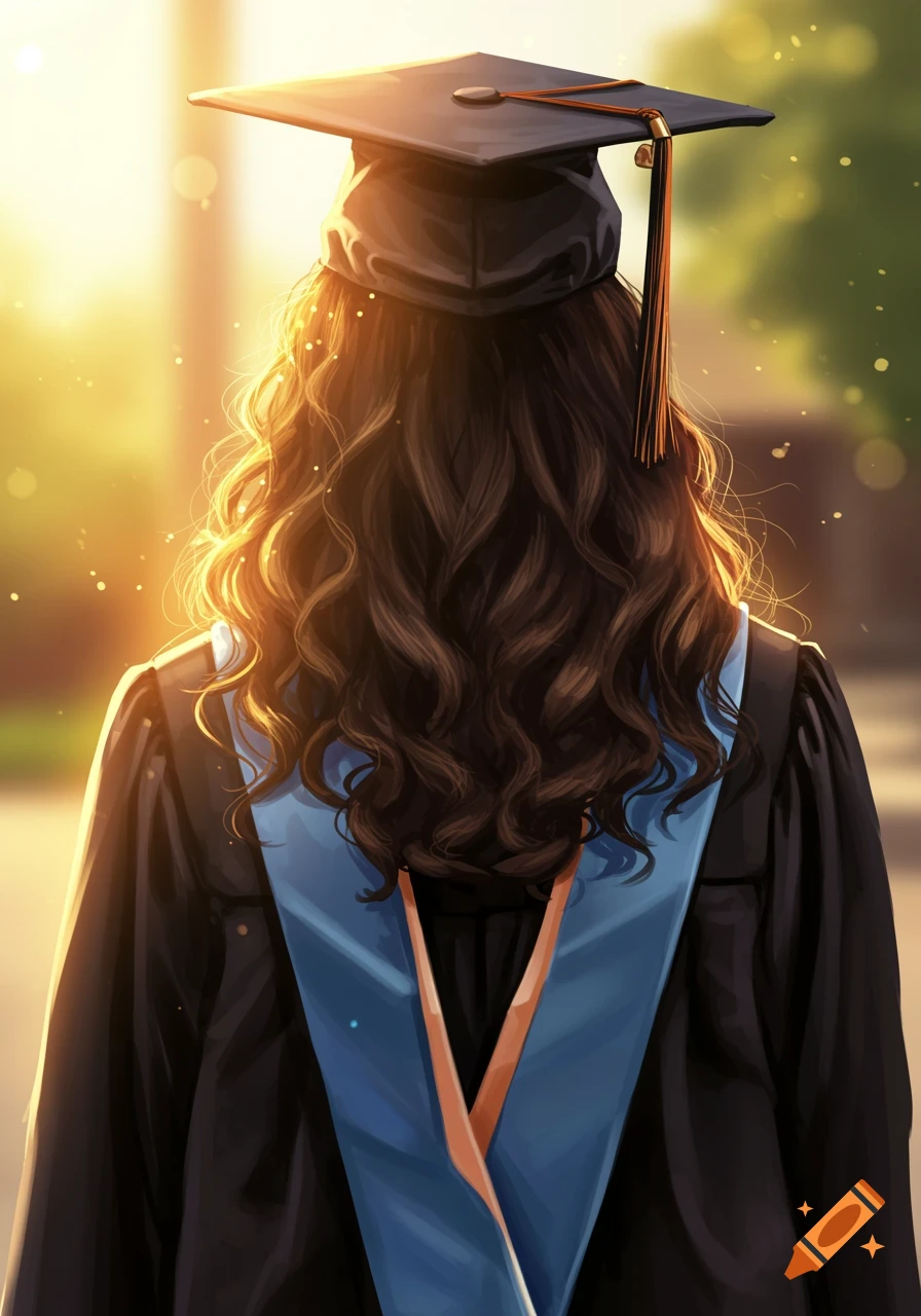 Back view of person in graduation cap and gown with blue sash, backlit ...