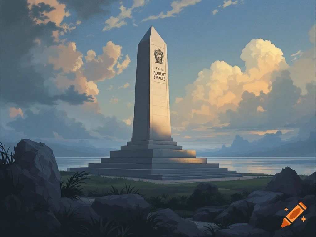 A tall white monument with 'Judge Robert Smalls' inscribed, set in a landscape by a lake under cloudy skies, digital painting.