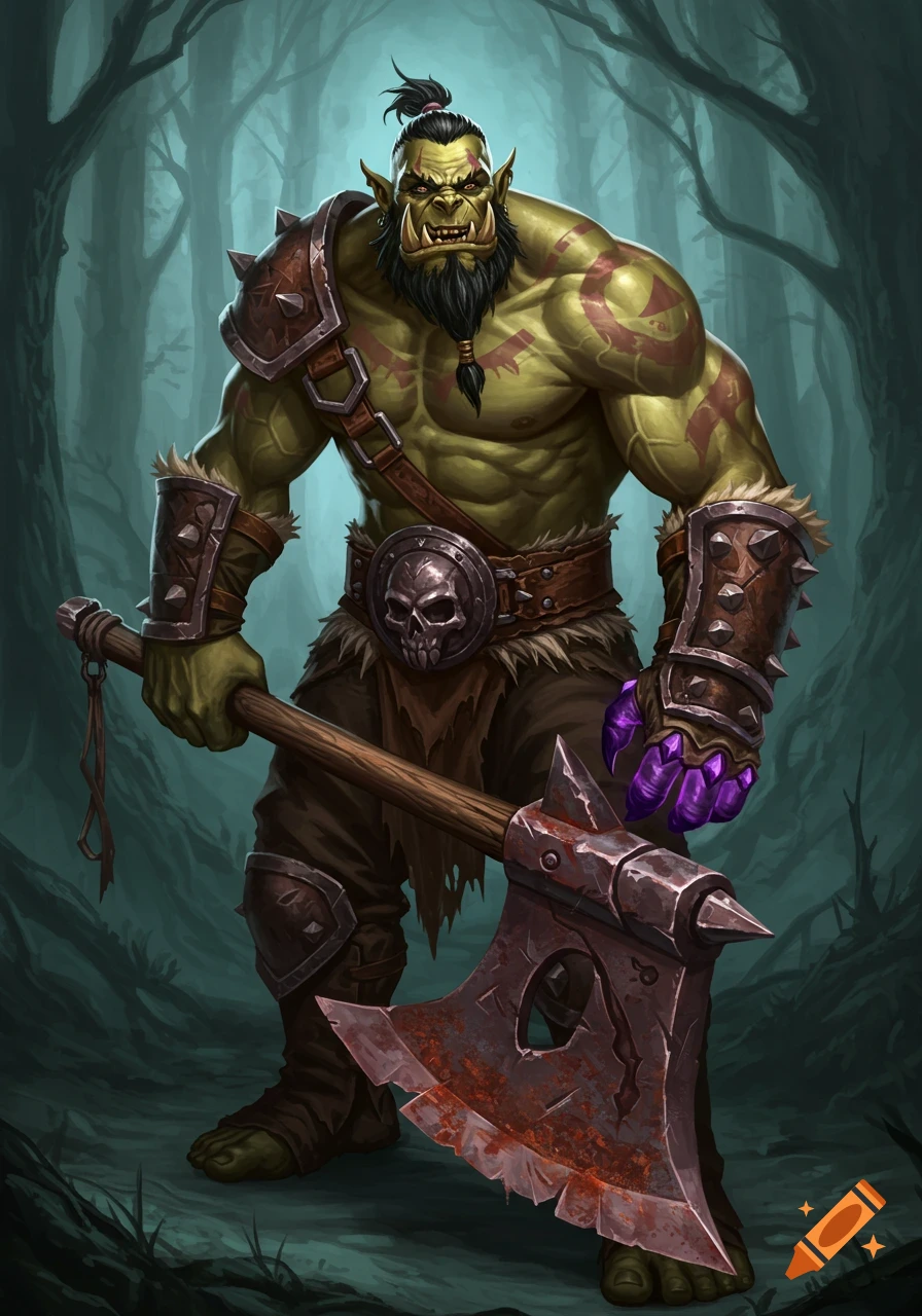 An orc fighter with purple claws holds a large axe in a forest setting, illustration style.