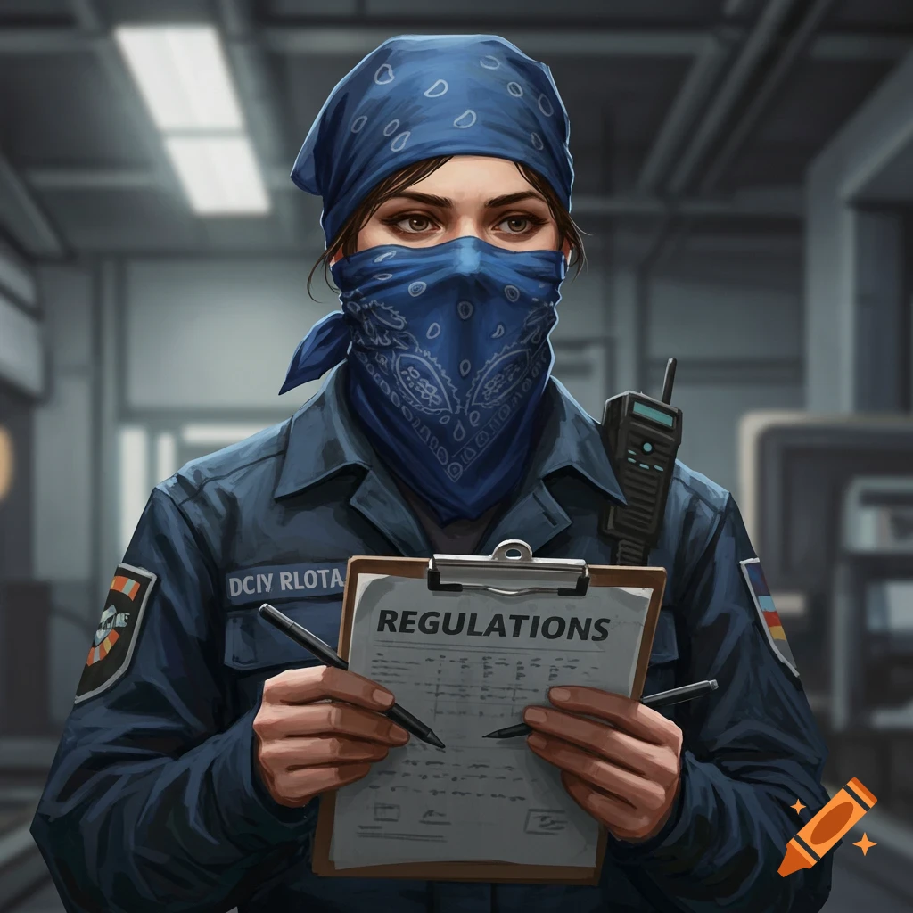 Digital illustration of a person in uniform and blue bandana holding a clipboard labeled 'REGULATIONS'.