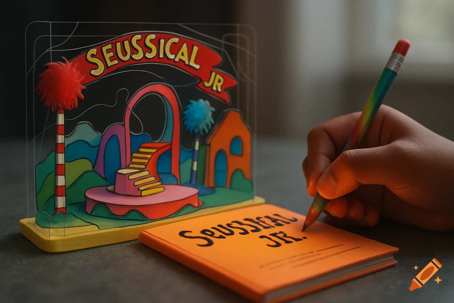 A hand holds a rainbow pencil over an orange book labeled "Seussical Jr" next to a miniature stage set.