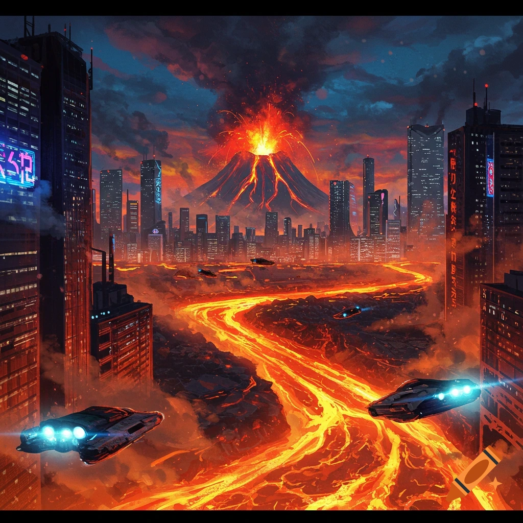 A futuristic city with skyscrapers is engulfed by a river of lava flowing from a erupting volcano, with flying vehicles.