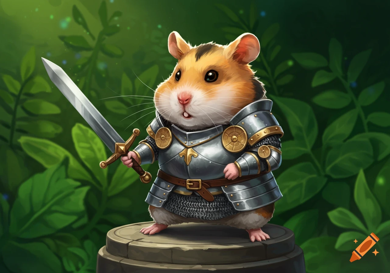 A cute hamster wearing knight armor and holding a sword, standing in a leafy forest setting.