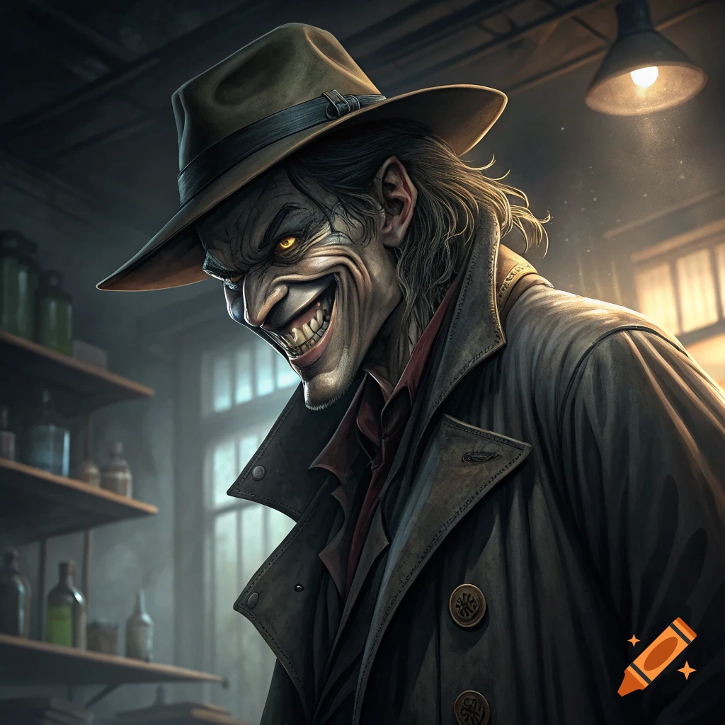 Creepy illustration of a villain in a fedora and trench coat with a wide grin in a dim room.