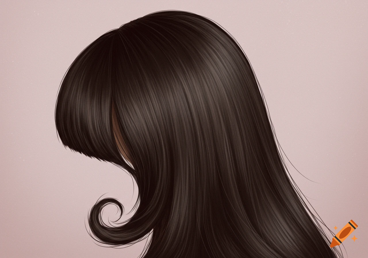Illustration of long, dark brown hair seen from the side, with a curly piece near the face.