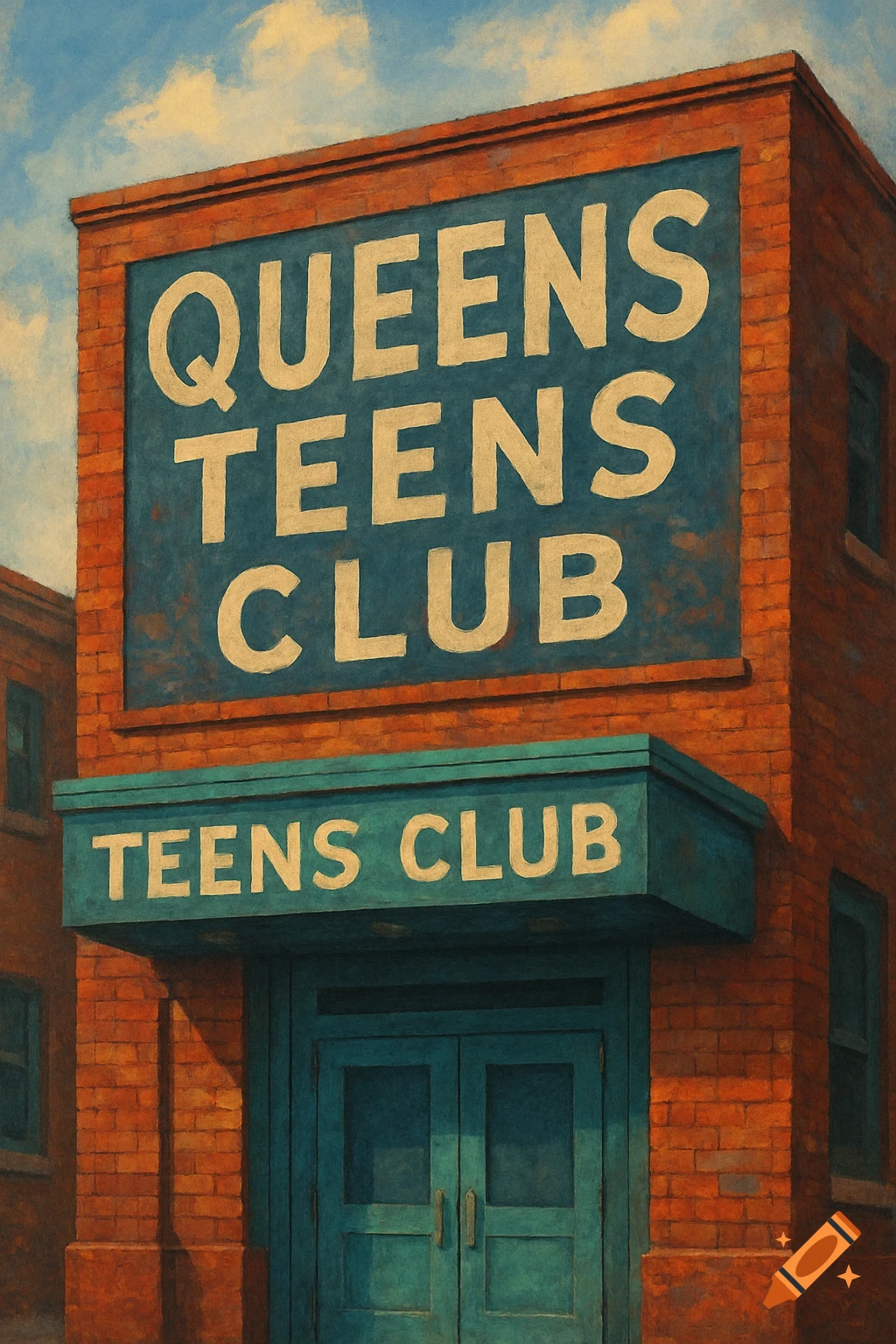 Painterly style image of a brick building with signs that say 'Queens Teens Club' and 'Teens Club'