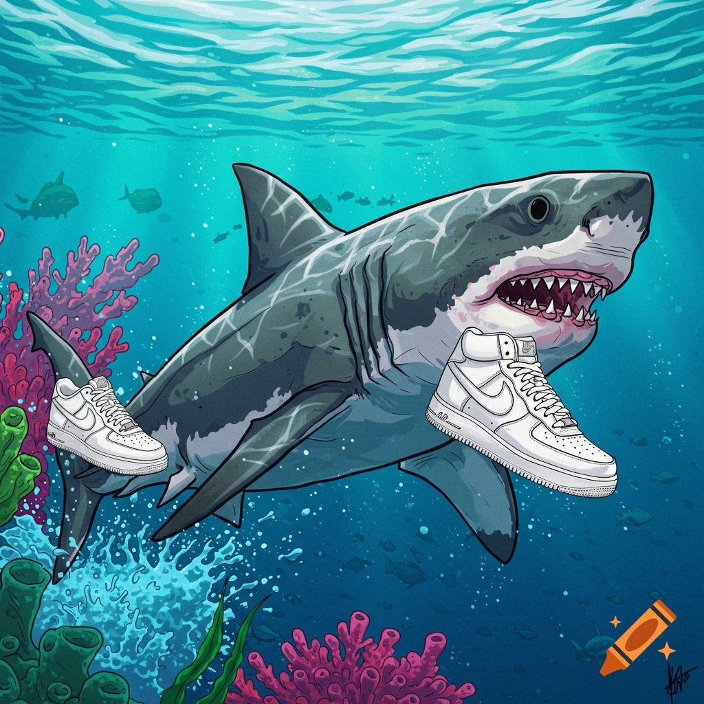 Illustration of a shark swimming underwater wearing white sneakers.