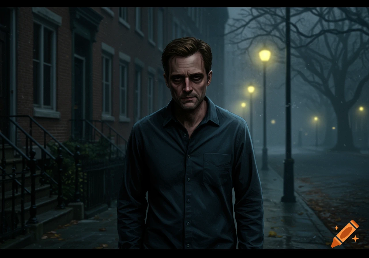 A weary man walks alone on a wet, dark street at night.