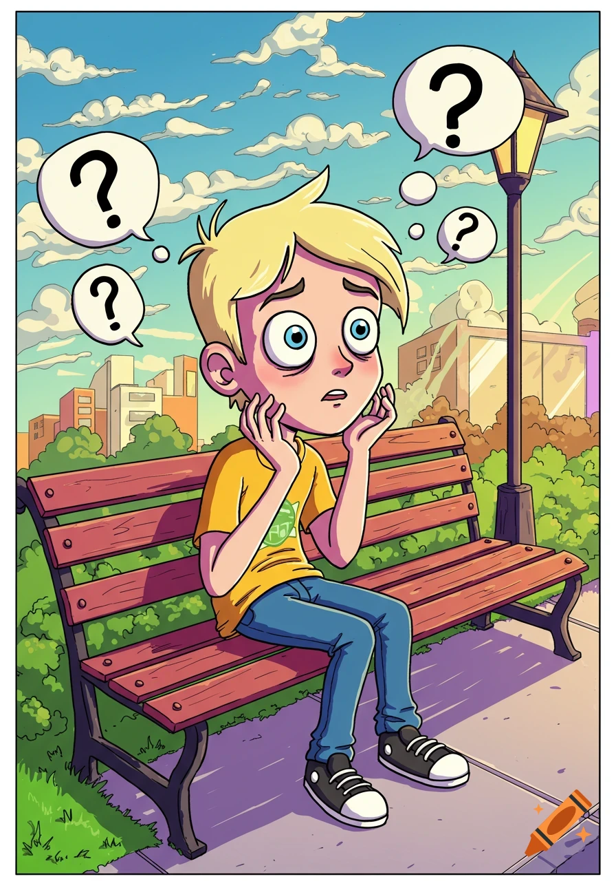 Cartoon illustration of a confused boy with thought bubbles featuring question marks, sitting on a park bench.