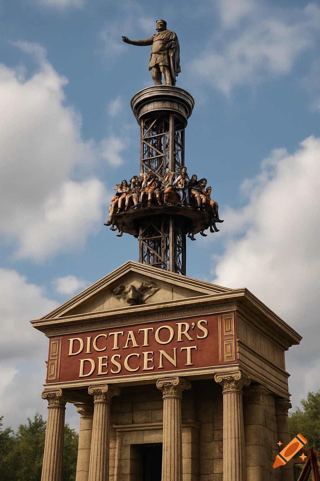 A drop ride called 'DICTATOR'S DESCENT' with a Roman-style base and statue on top, full of people.
