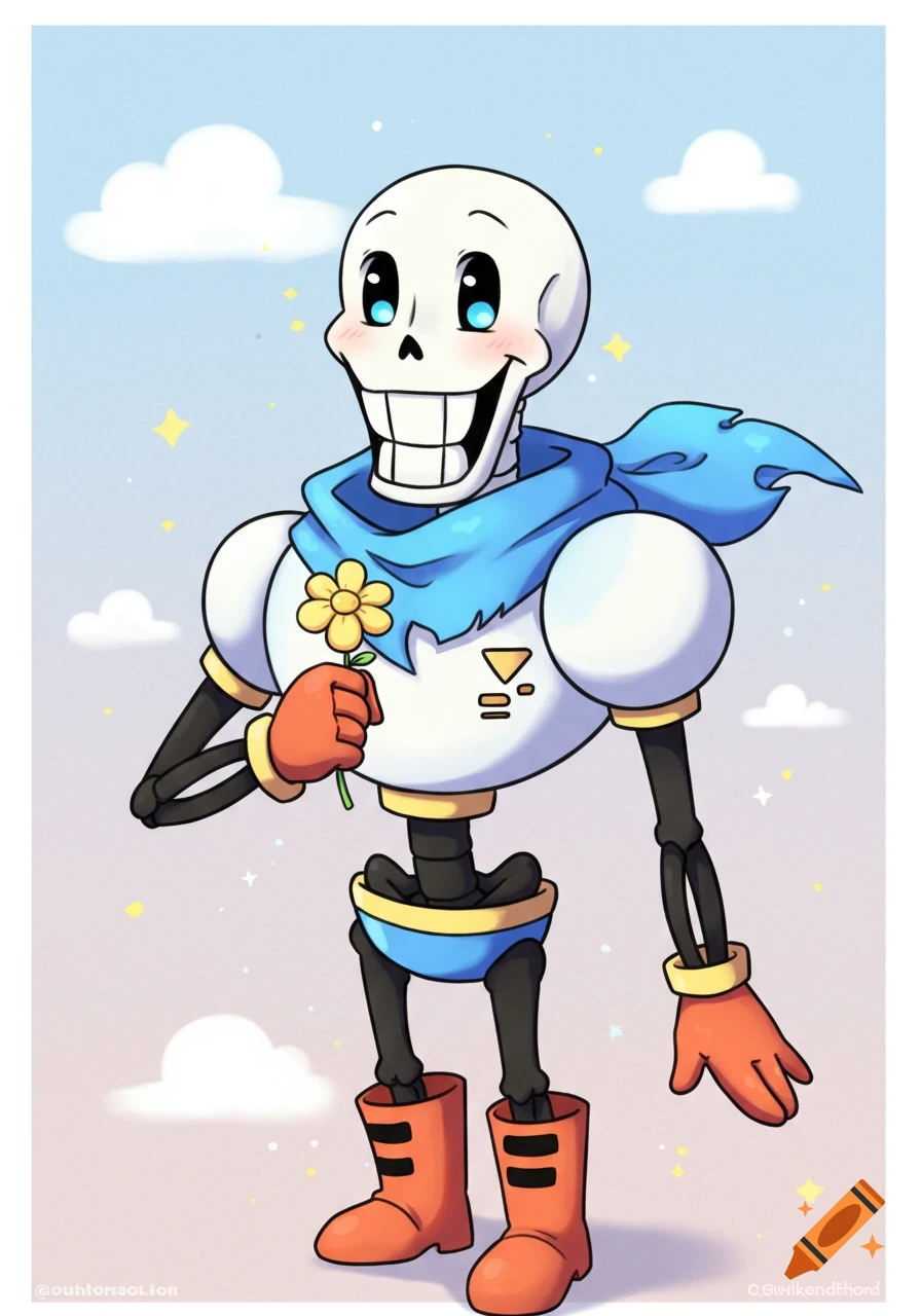 A cute anime-style cartoon skeleton character holds a yellow flower against a light blue sky with clouds.