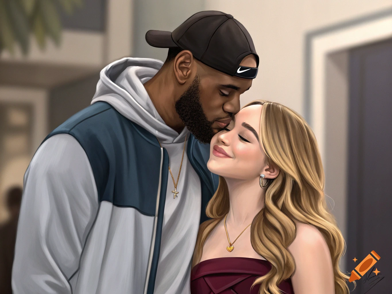 Digital painting of LeBron James kissing Sabrina Carpenter.