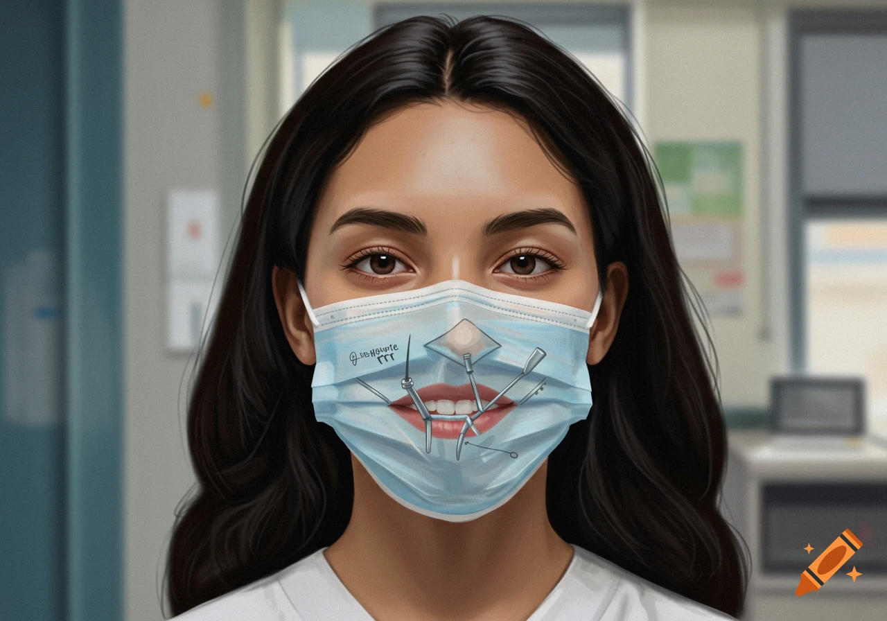 Close-up portrait of a person wearing a surgical mask with a design of dental tools and a mouth.