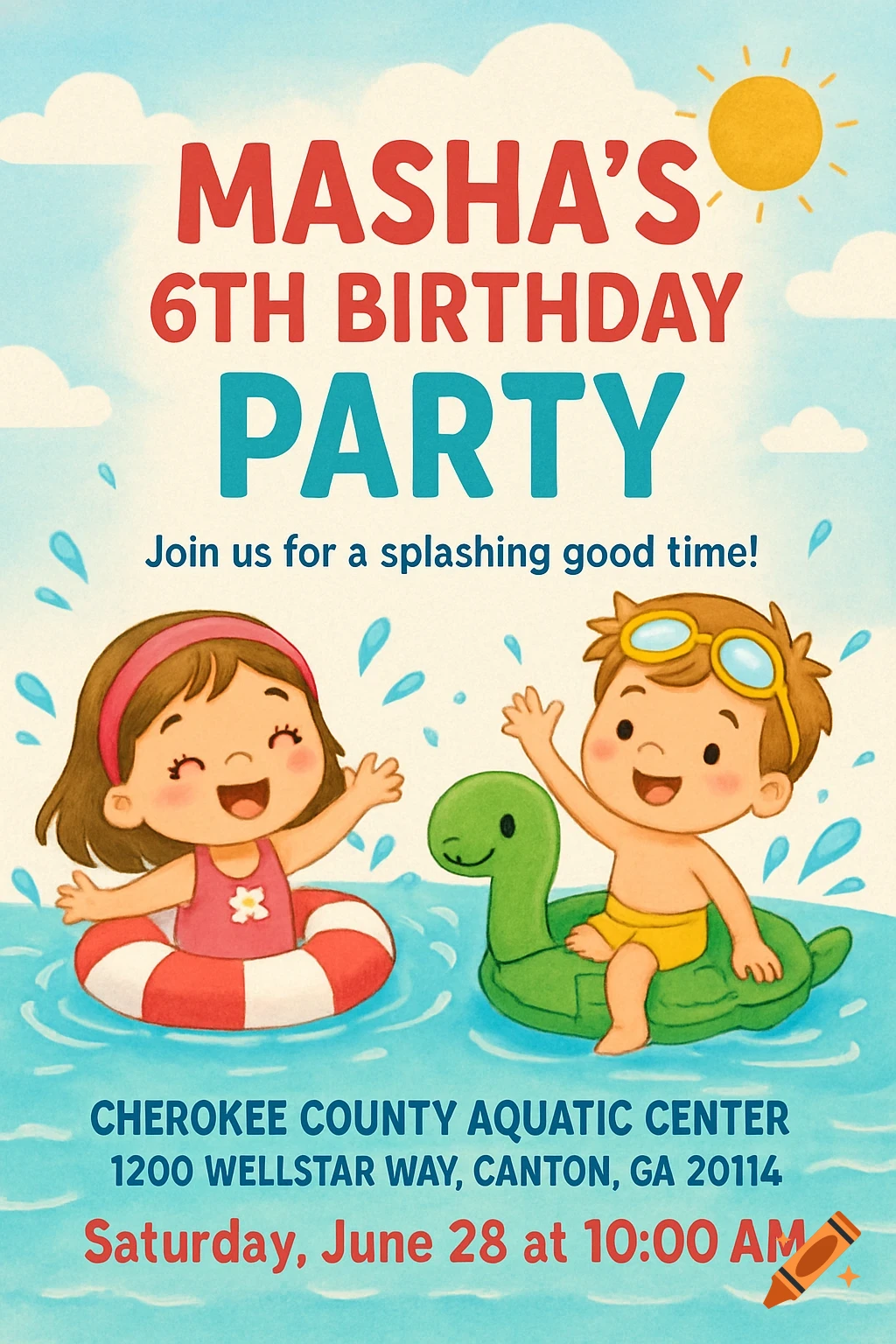 Cartoon illustration of children swimming, with text for a birthday party invitation.