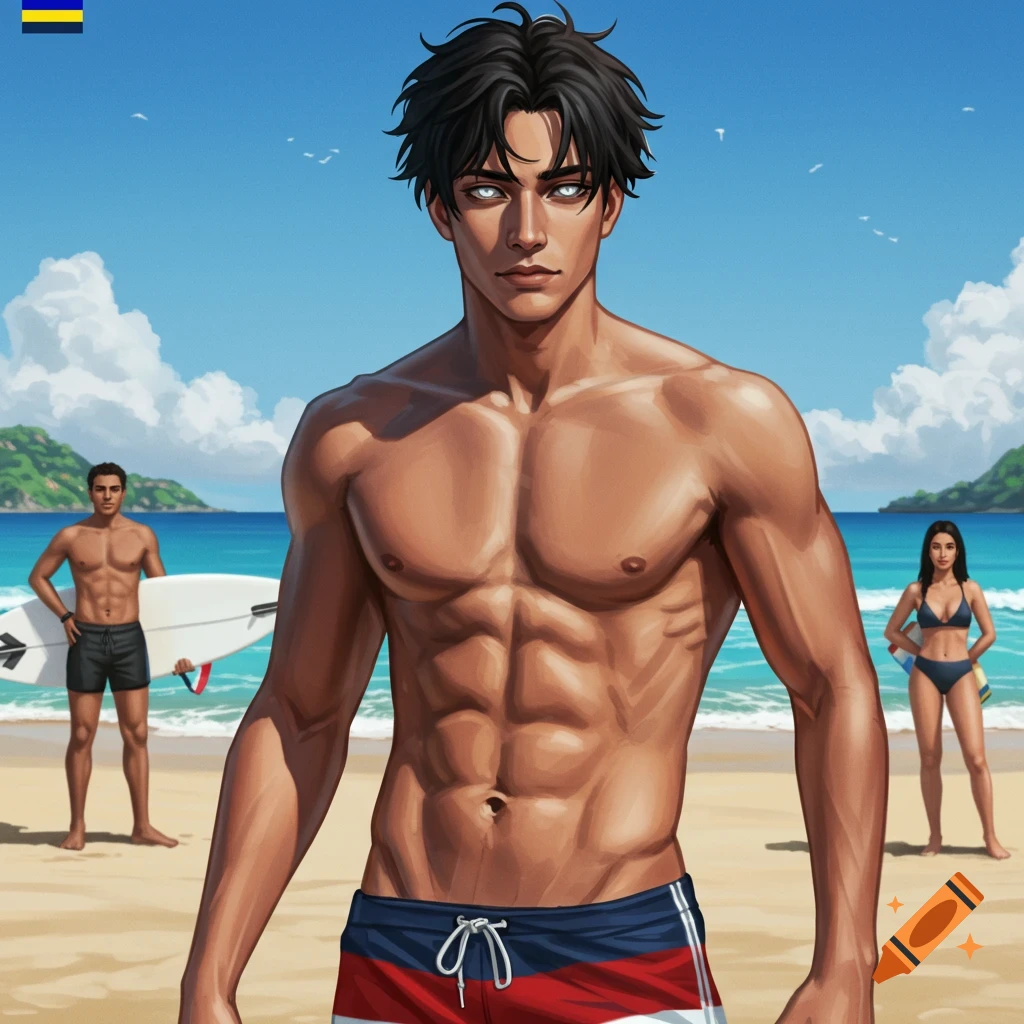 An illustration of a muscular man on a beach with two other figures in the background.
