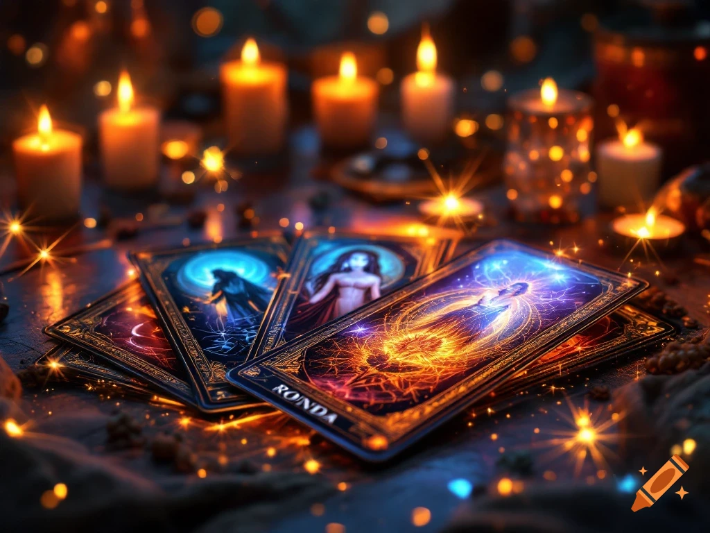 A close-up of fantasy tarot cards glowing on a table with candles and sparkling light in a mystical atmosphere.