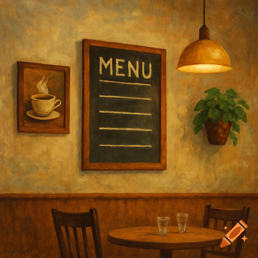 A painted interior of a cafe with a menu board, table, chairs, and a hanging lamp.