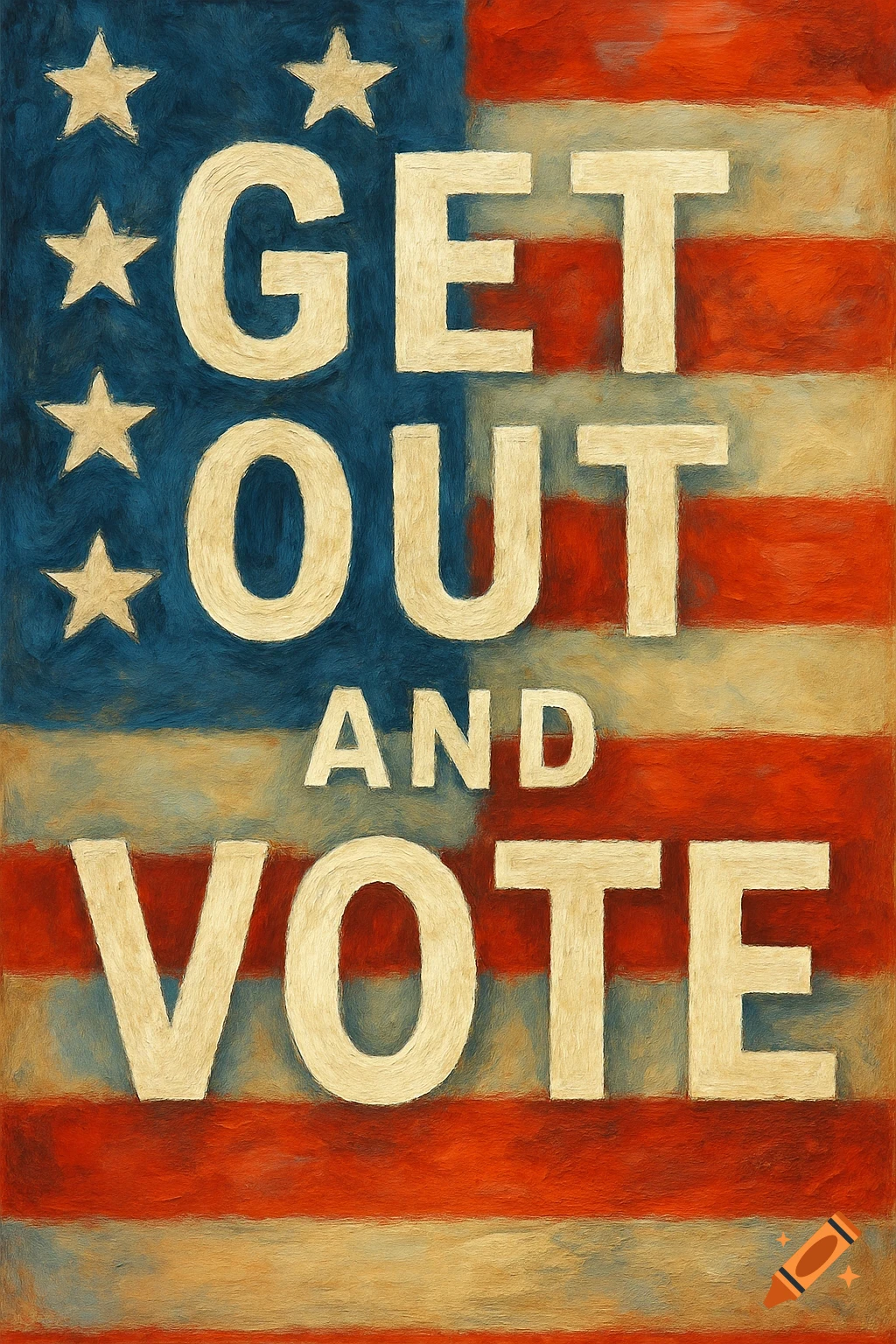 A painting of an American flag with the text 'GET OUT AND VOTE'.