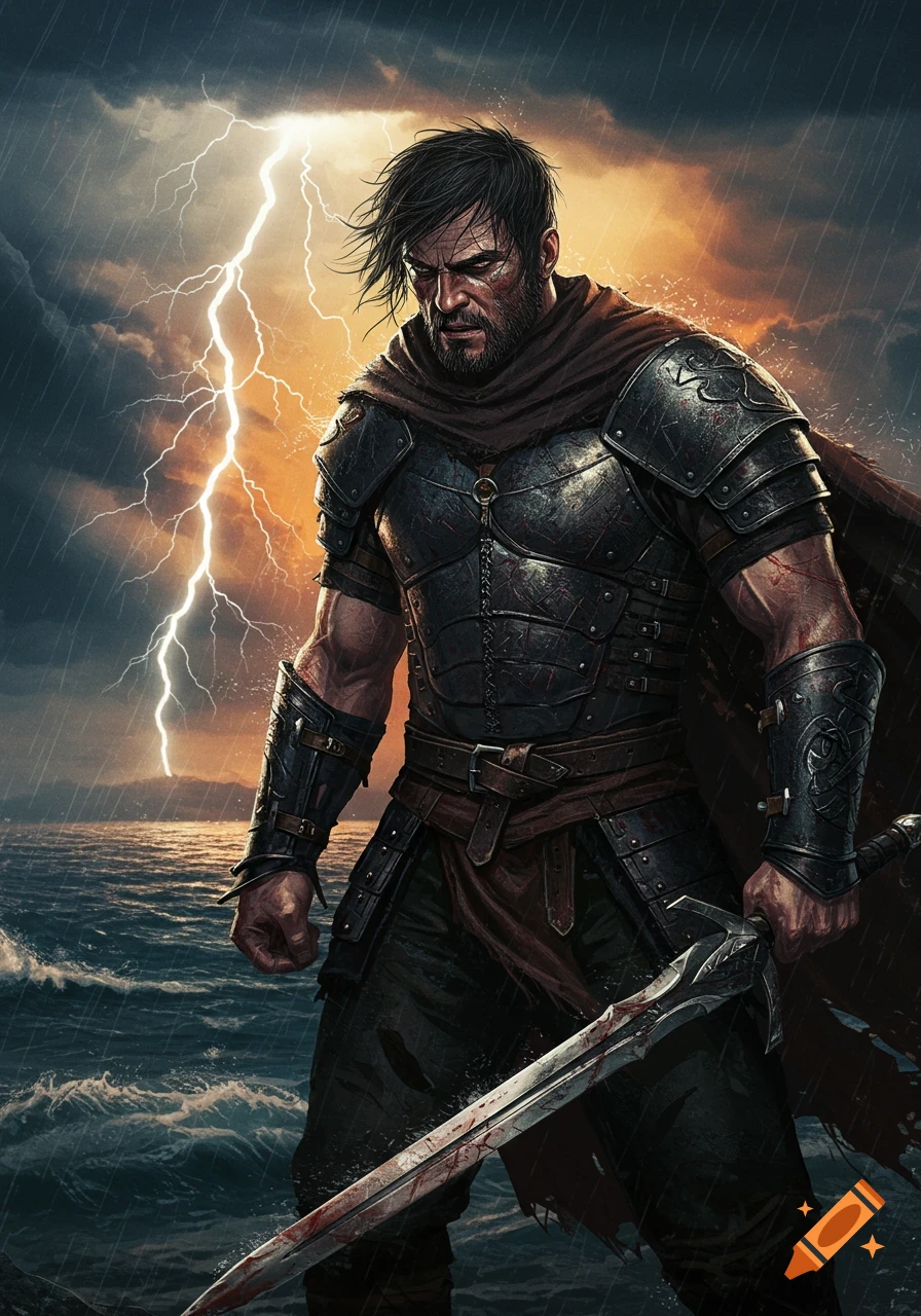 A fierce fantasy warrior in armor stands by a stormy sea, holding a ...
