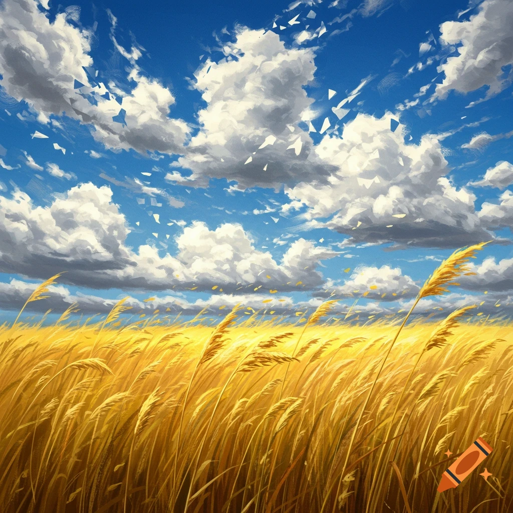 Golden field of grass under a cloudy blue sky with painterly textures.