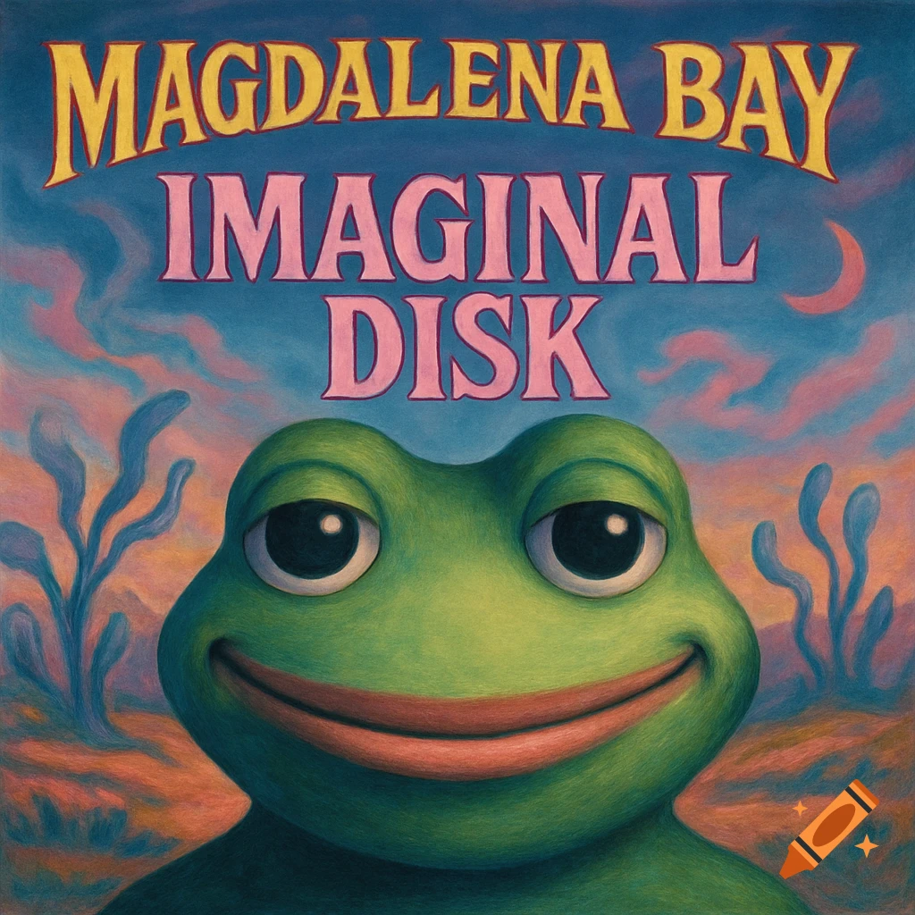 Album cover with a smiling green frog, stylized sky and plants, and the text "MAGDALENA BAY IMAGINAL DISK".