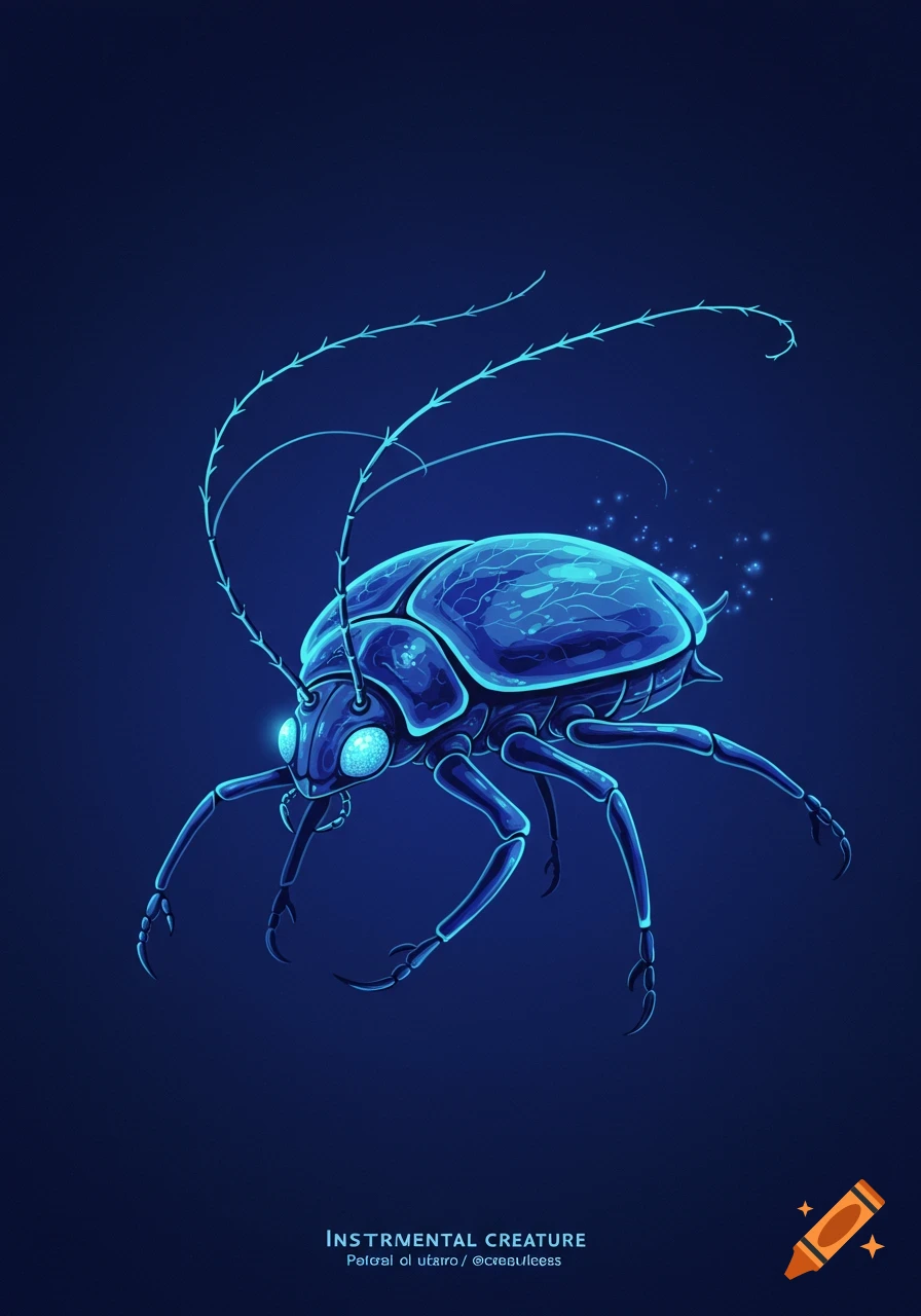 A stylized glowing blue insect creature with large eyes and antennae on a dark blue background.
