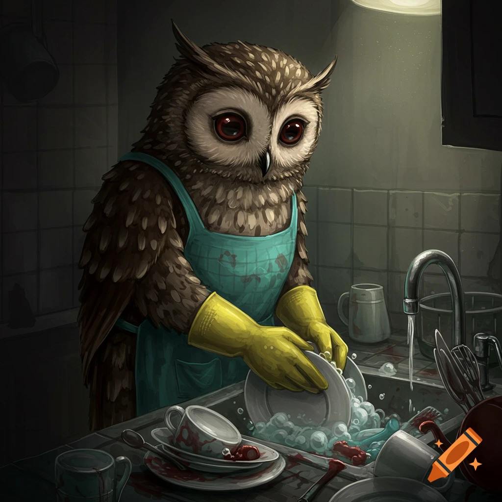 Creepy illustration of an owl wearing an apron and gloves washing blood-stained dishes.