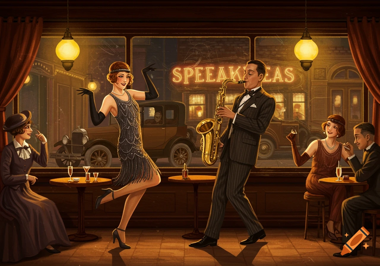 Illustration of a 1920s speakeasy with a flapper dancing, a man playing saxophone, and vintage cars outside.