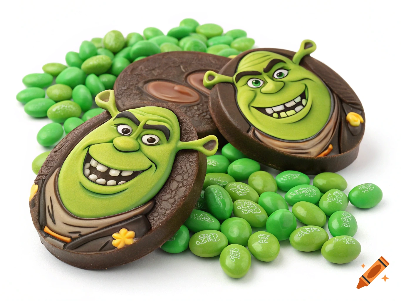 Two chocolate cookies with Shrek's face surrounded by green candy.
