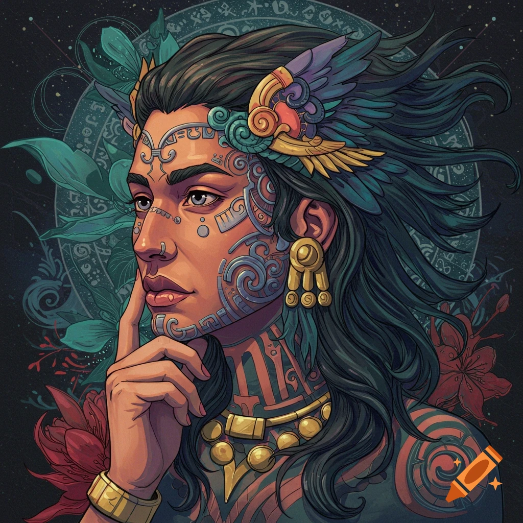 Stylized portrait of a person with cultural tattoos and headwear against a cosmic background.
