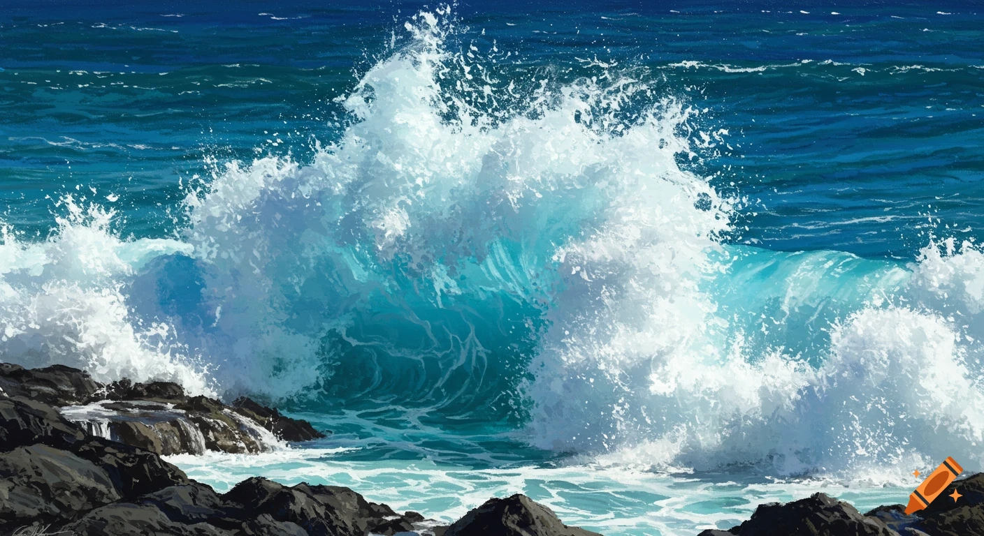 A large wave crashes onto dark rocks in an oil painting style.