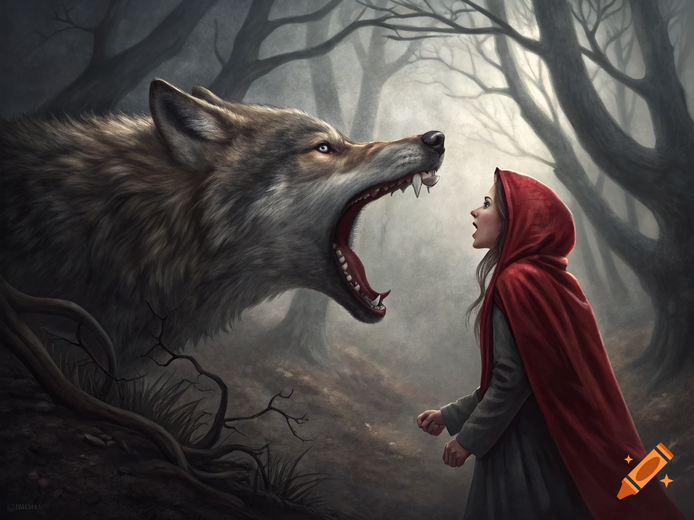 An illustration of a snarling wolf looming over Little Red Riding Hood in a dark forest.