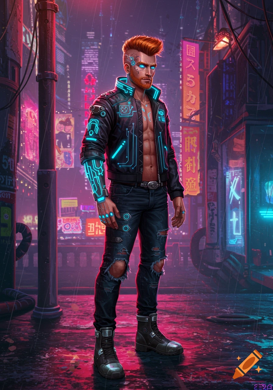 A ginger male cyberpunk character stands in a rainy city street at night, lit by neon signs.