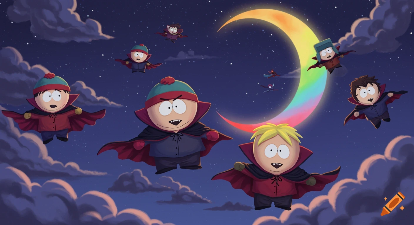 South Park characters dressed as vampires fly in the night sky with a rainbow moon.