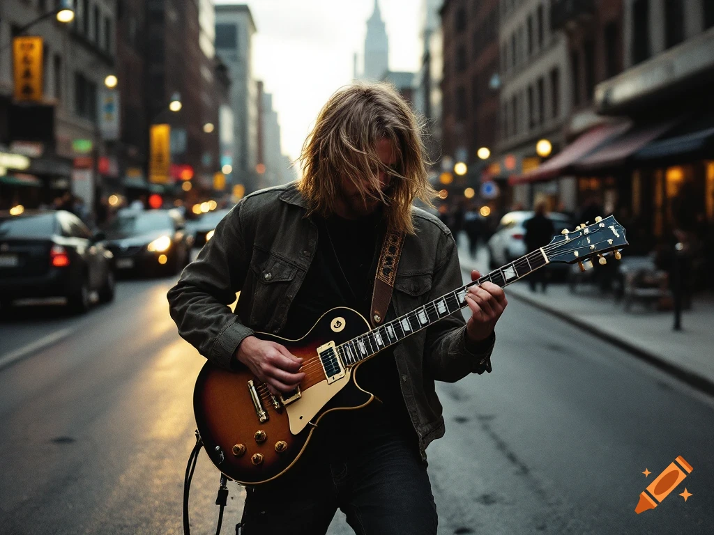 A person with long hair plays an electric guitar in the middle of a city street.