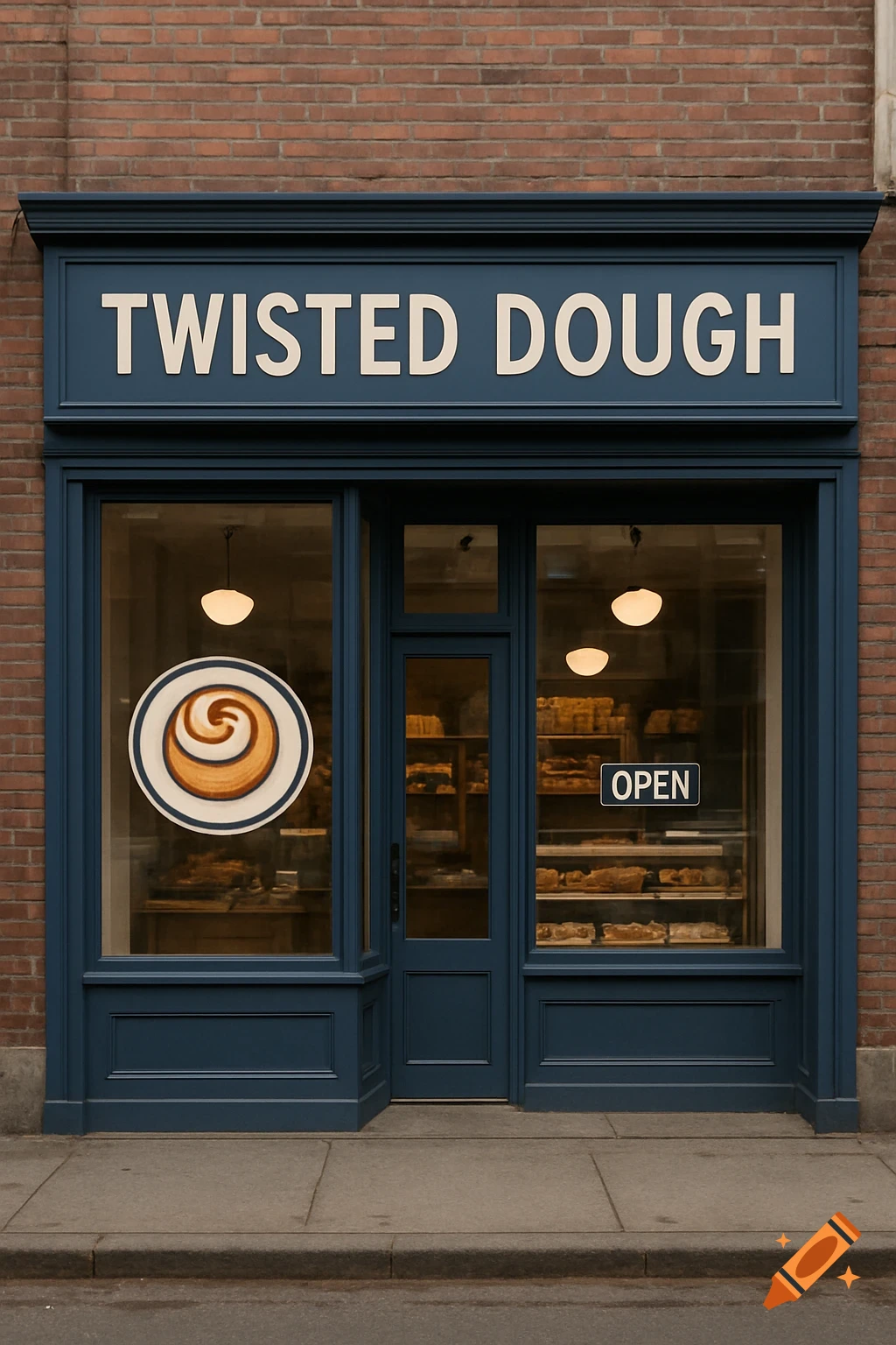 A realistic image of a blue shop front with "TWISTED DOUGH" on the sign and an "OPEN" sign in the window.