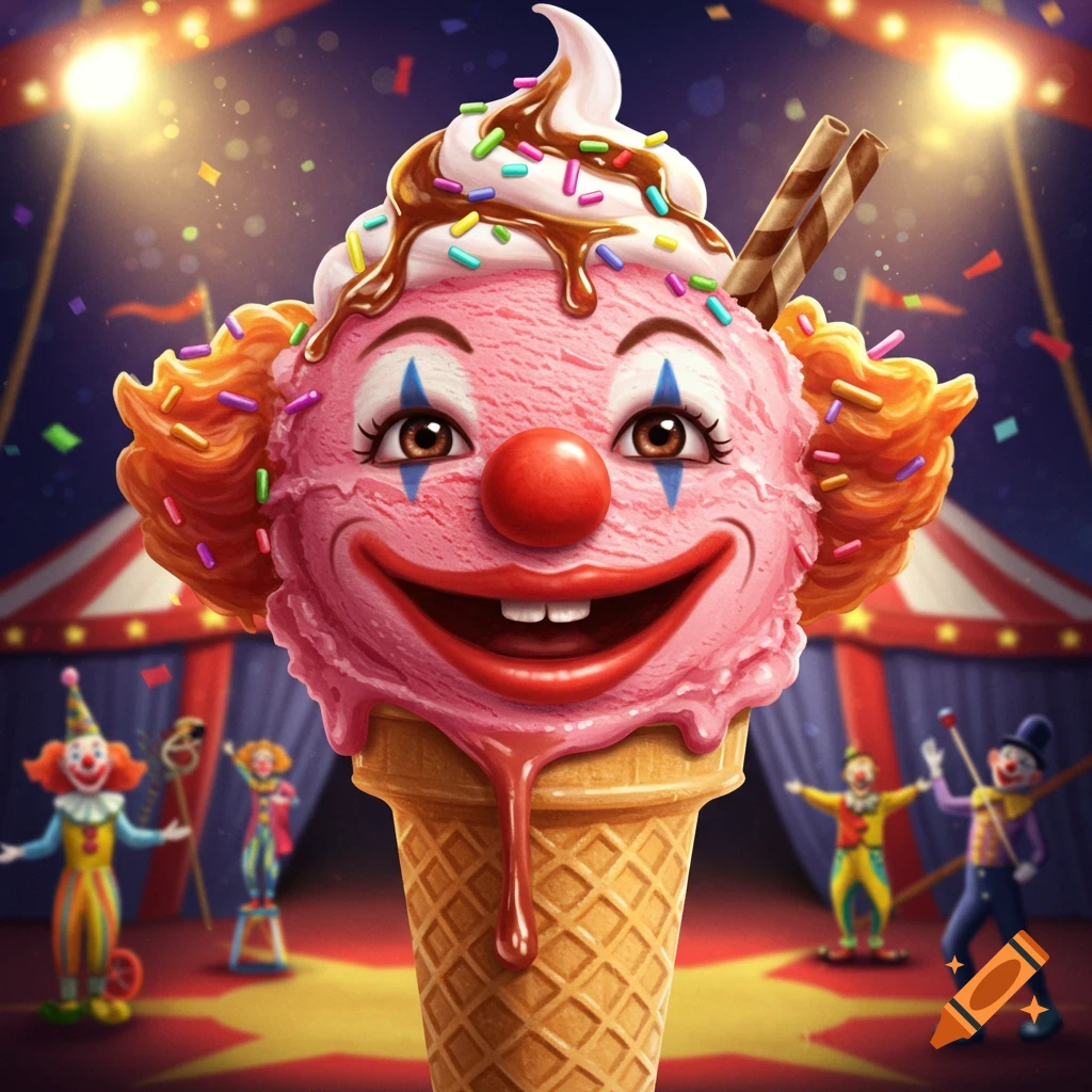 An ice cream cone with a clown face stands in a circus tent.