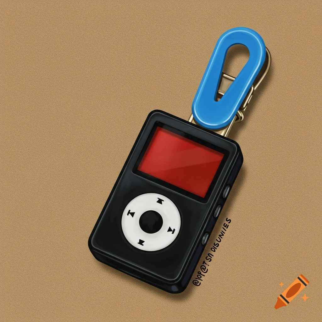 Black mp3 player charm with a blue clip, y2k style