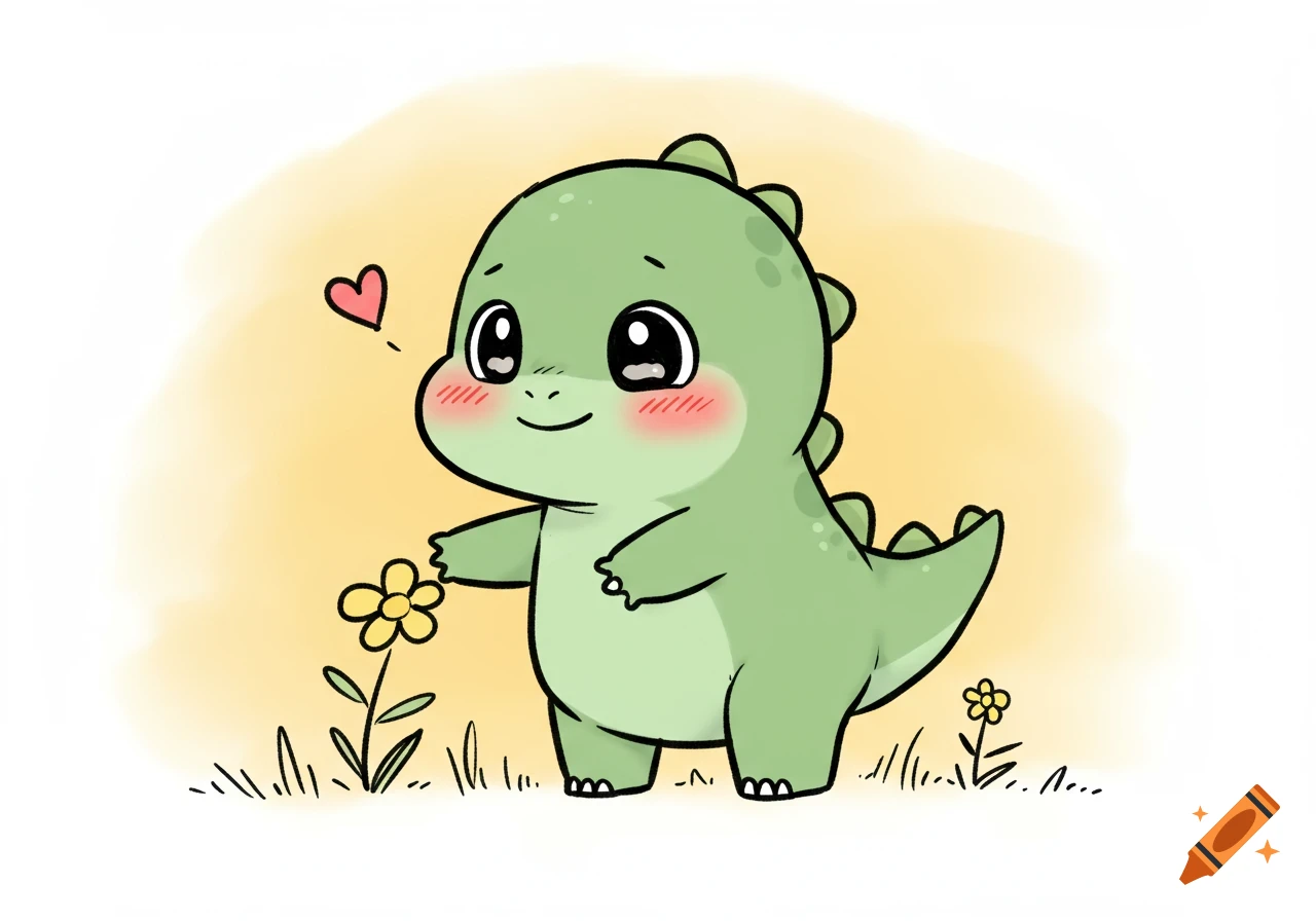 Cute green cartoon dinosaur holding a flower with a heart above its head.