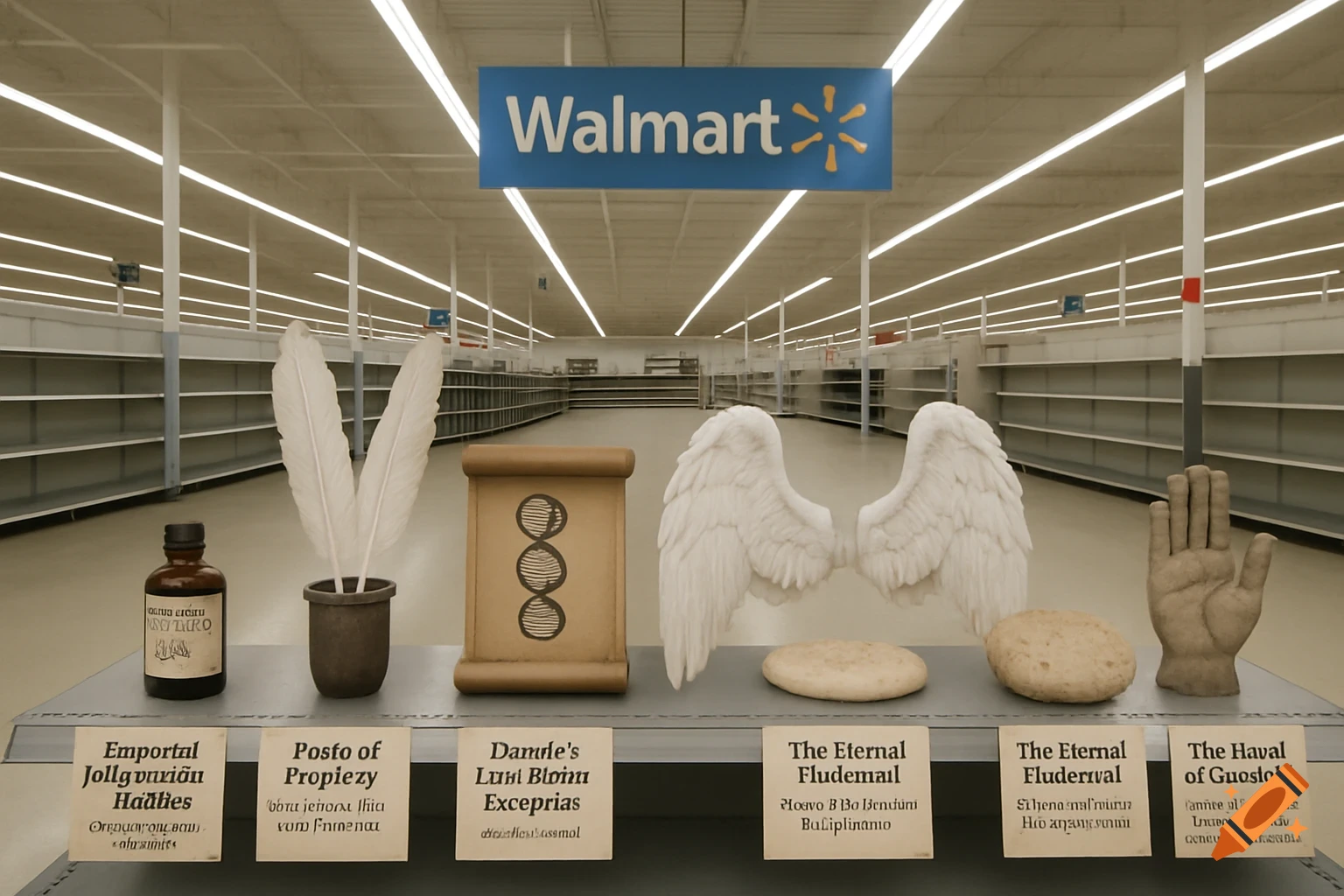 Fantasy artifacts on a shelf in an empty Walmart aisle, including feathers, scroll, wings, and stone.