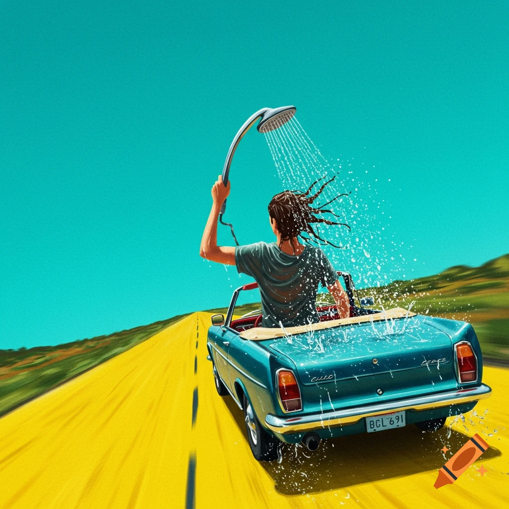 Person showering in a convertible car while driving on a yellow road