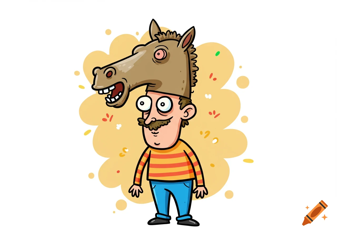Silly cartoon of a man wearing a horse mask.