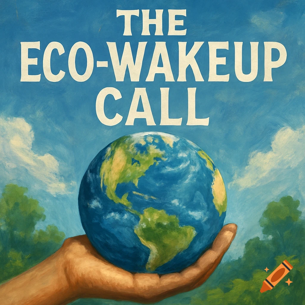 Painterly illustration of a hand holding the Earth under text 'THE ECO-WAKEUP CALL'.