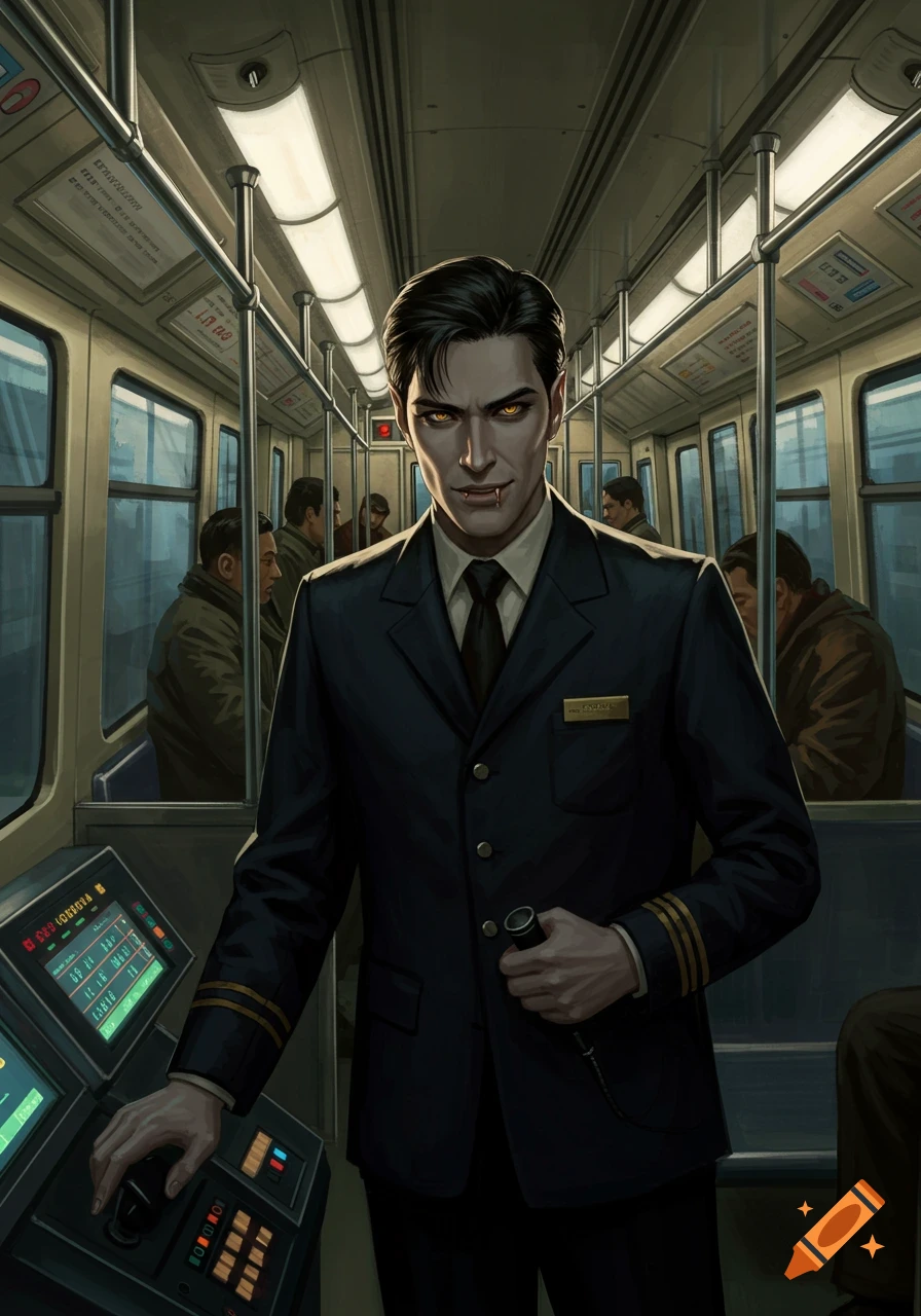 A handsome vampire in a suit operates a train.