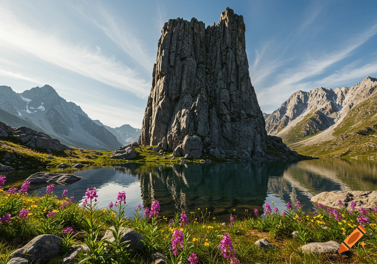 A towering rock formation stands in a mountain landscape with a lake and wildflowers in the foreground.