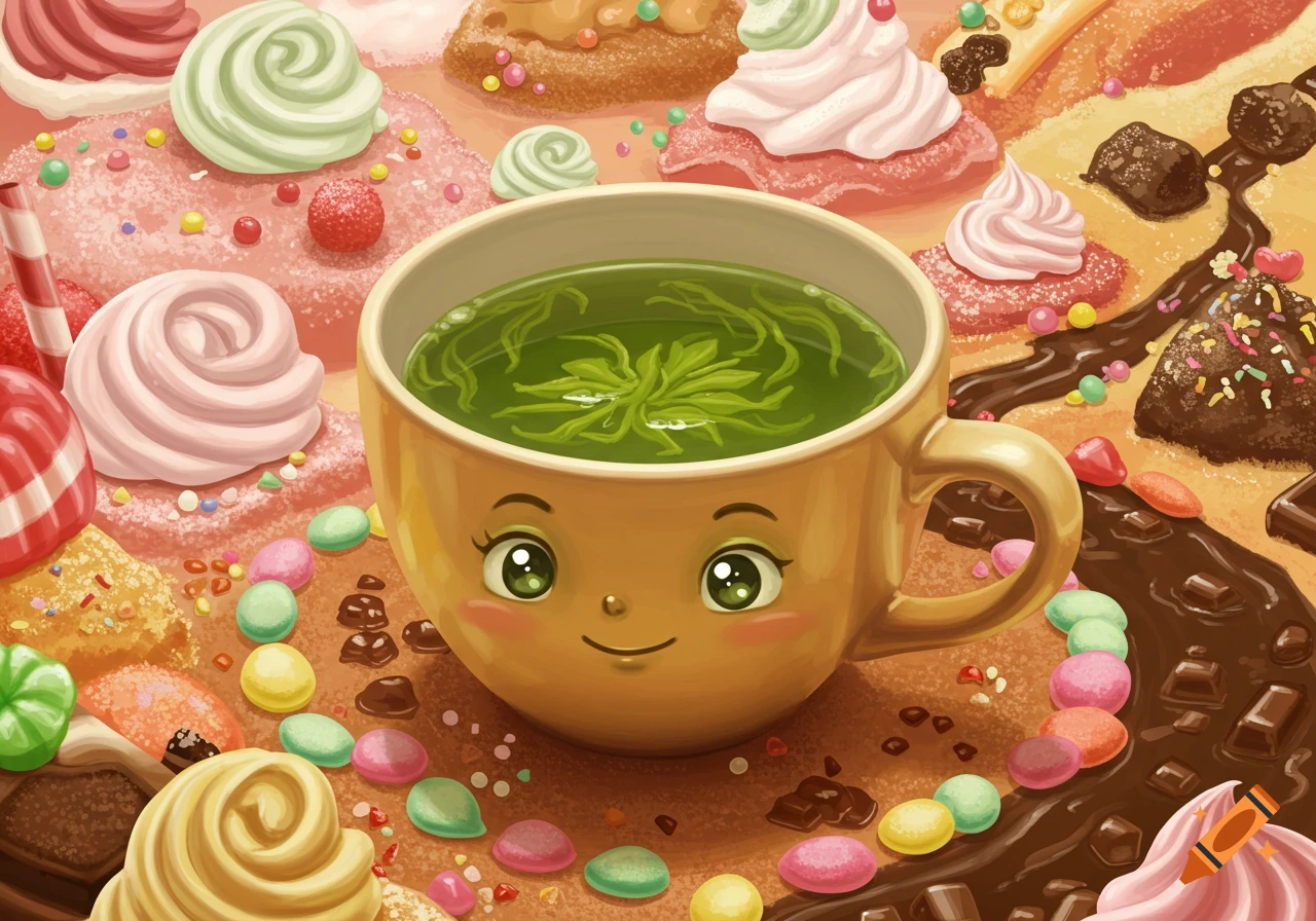 Cartoon cup of green tea with a smiling face surrounded by colorful candies and desserts in an illustration style.