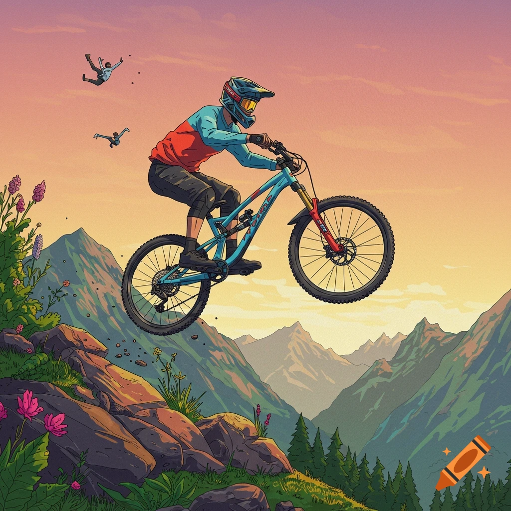 Illustrated image of a mountain biker jumping off a rock with mountains and a sunset sky in the background.
