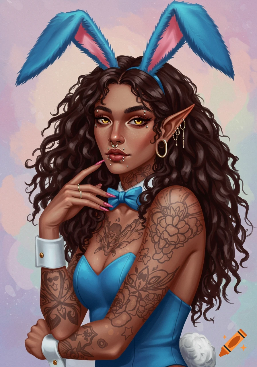 A fantasy portrait of a woman with elf ears, dark curly hair, tattoos, and piercings wearing a blue bunny costume with blue ears, bow tie, and white cuffs.