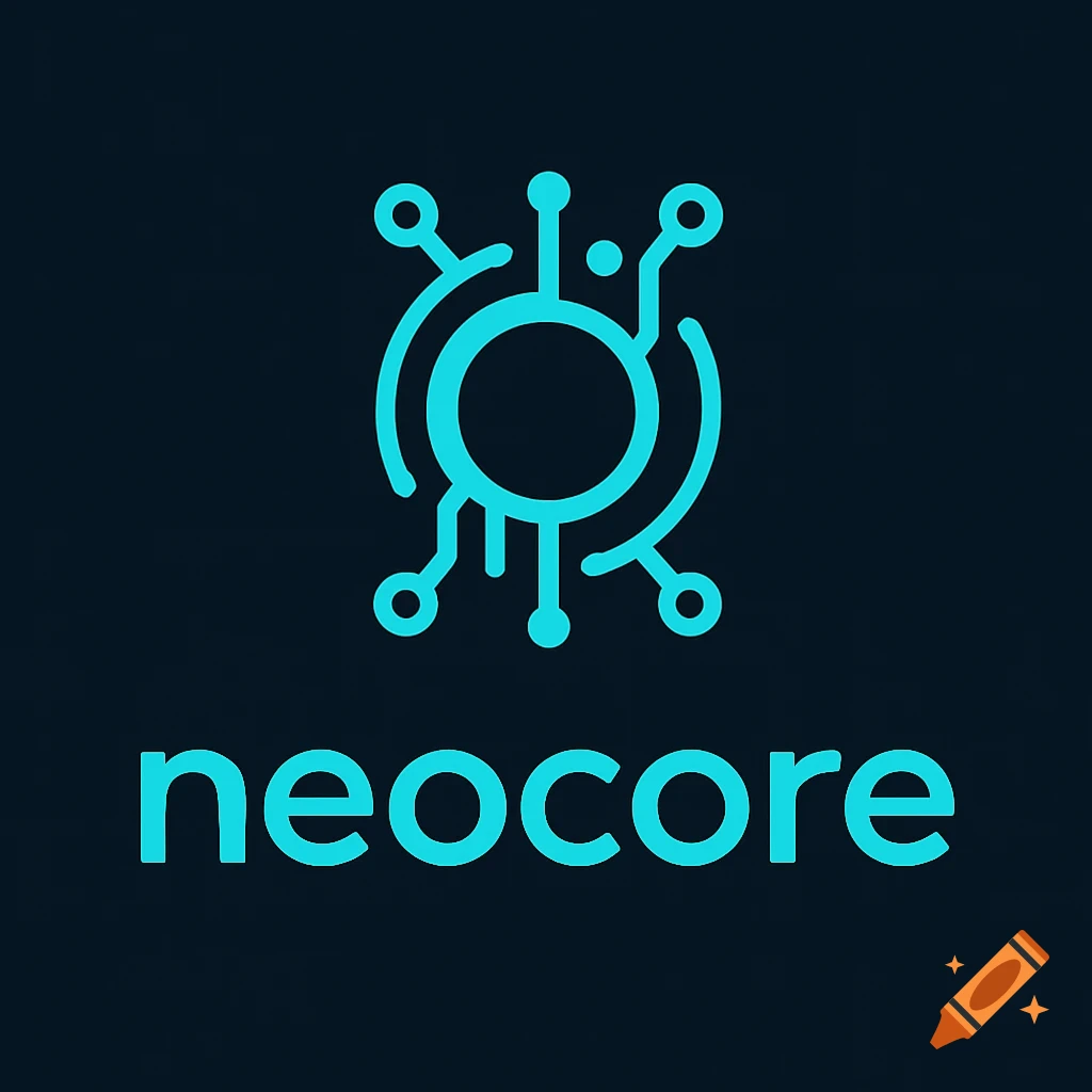 Blue tech logo with abstract circuit symbol above the word neocore on a dark background.