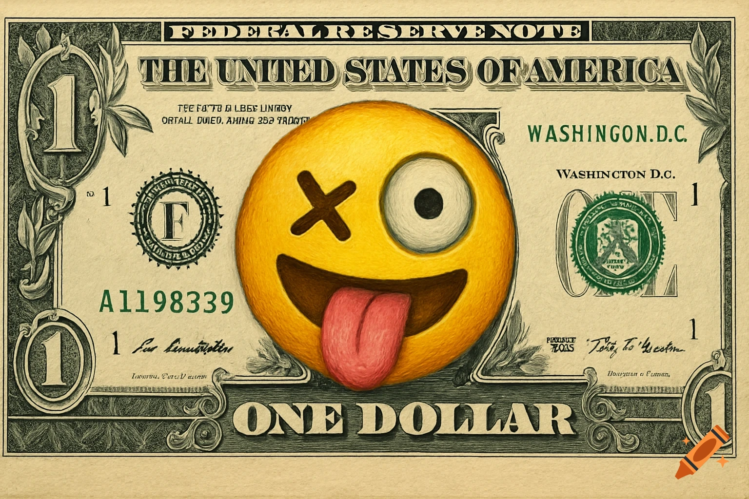 A one dollar bill featuring a zany face emoji.